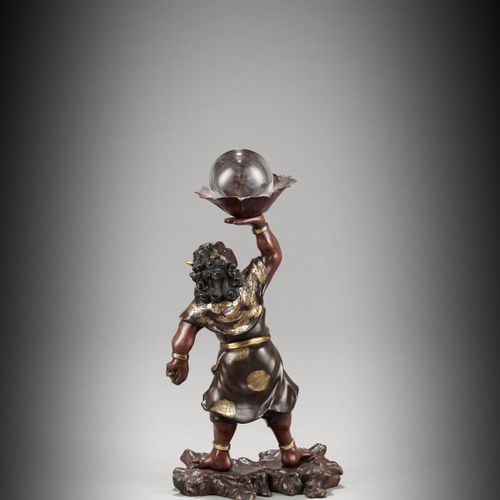 A LARGE PARCEL-GILT BRONZE MIYAO STYLE FIGURE OF AN ONI WITH ROCK CRYSTAL BALL J&hellip;