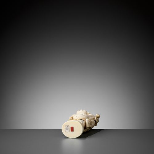 SHUNZAN: AN IVORY OKIMONO OF HOTEI WITH TWO KARAKO By Shunzan, signed Shunzan
Ja&hellip;