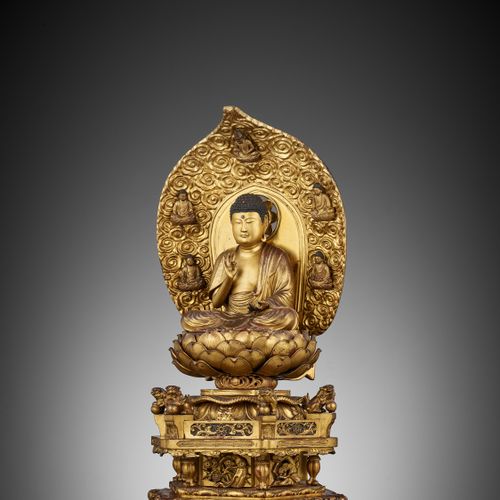 A RARE AND LARGE LACQUER-GILT WOOD FIGURE OF A SEATED AMIDA NYORAI WITH SHITENNO&hellip;