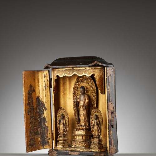 A RARE LACQUER ZUSHI (PORTABLE BUDDHIST SHRINE) WITH A TRIAD OF AMIDA AND ACOLYT&hellip;
