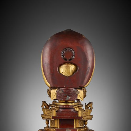 A RARE AND LARGE LACQUER-GILT WOOD FIGURE OF A SEATED AMIDA NYORAI WITH SHITENNO&hellip;