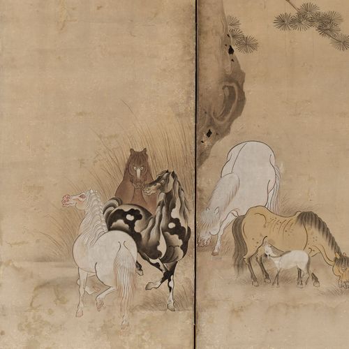 A RARE HASEGAWA SCHOOL SIX-PANEL BYOBU (FOLDING SCREEN) WITH HORSES Japon, XVIIe&hellip;