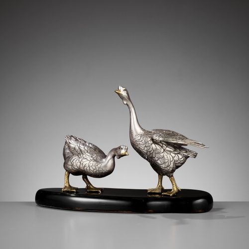 CHIKAYOSHI: A GILT AND SILVERED BRONZE OKIMONO OF TWO GEESE CHIKAYOSHI: A GILT A&hellip;