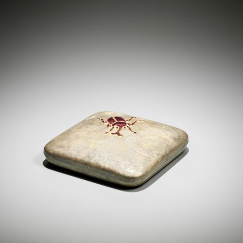 SANO HIROSHI: A CERAMIC-INLAID SILVERED-METAL BOX AND COVER WITH A STAG BEETLE S&hellip;