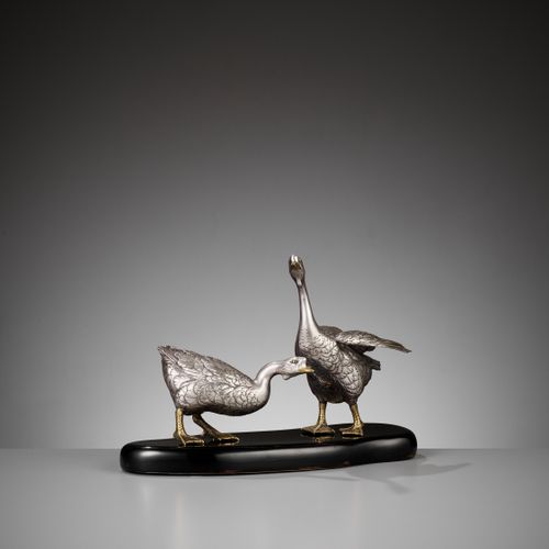 CHIKAYOSHI: A GILT AND SILVERED BRONZE OKIMONO OF TWO GEESE CHIKAYOSHI: A GILT A&hellip;