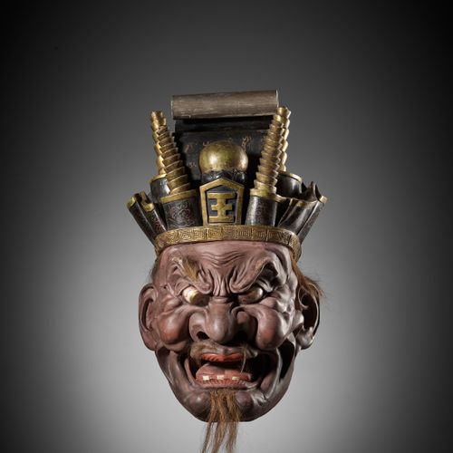 A MONUMENTAL INLAID AND LACQUERED WOOD MASK OF EMMA-O, THE KING AND JUDGE OF HEL&hellip;