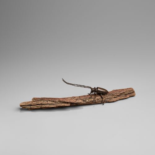 AN ARTICULATED BRONZE OKIMONO OF A SAWYER BEETLE CLIMBING A ROOTWOOD LOG 一个爬在根木上&hellip;