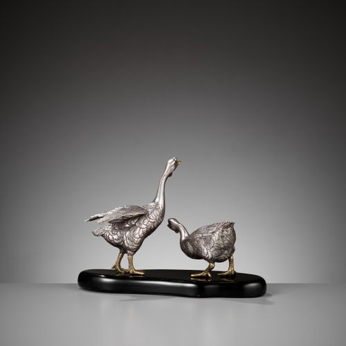 CHIKAYOSHI: A GILT AND SILVERED BRONZE OKIMONO OF TWO GEESE CHIKAYOSHI : OKIMONO&hellip;