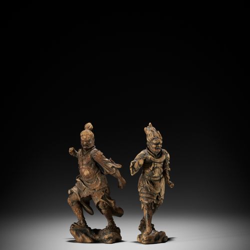 TWO UNUSUAL WOOD FIGURES OF BISHAMONTEN AND FUDO MYO-O ZWEI UNGEWÖHNLICHE HOLZFI&hellip;