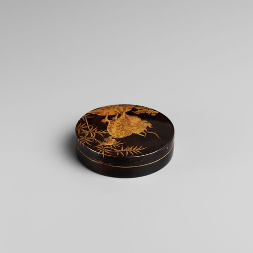 A RARE CIRCULAR LACQUER KOGO (INCENSE CONTAINER) WITH KIRIN A RARE CIRCULAR LACQ&hellip;