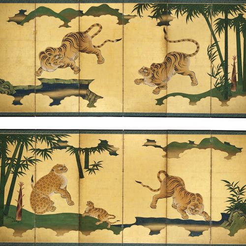 AN IMPRESSIVE AND VERY RARE PAIR OF SIX-PANEL BYOBU SCREENS DEPICTING A LEOPARD &hellip;