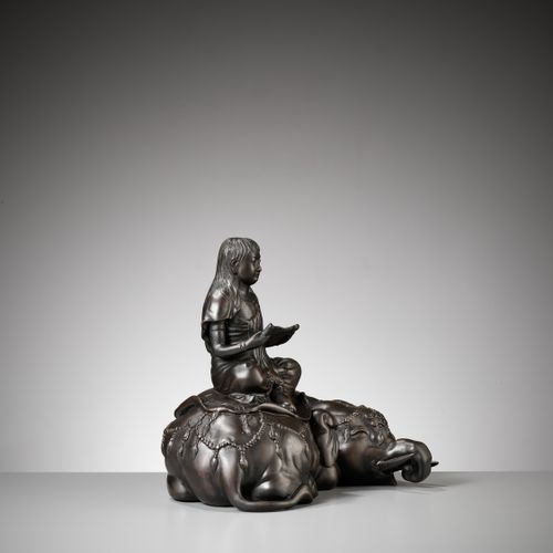 SHIUN: A FINE BRONZE OKIMONO OF FUGEN BOSATSU SEATED ON AN ELEPHANT SHIUN: FINE &hellip;