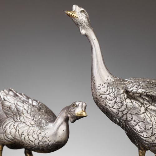 CHIKAYOSHI: A GILT AND SILVERED BRONZE OKIMONO OF TWO GEESE CHIKAYOSHI: A GILT A&hellip;