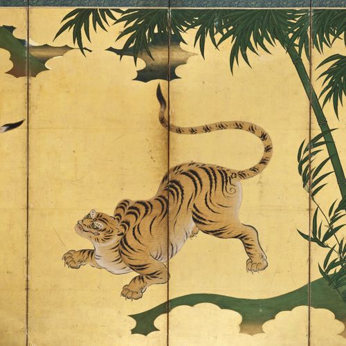 AN IMPRESSIVE AND VERY RARE PAIR OF SIX-PANEL BYOBU SCREENS DEPICTING A LEOPARD &hellip;