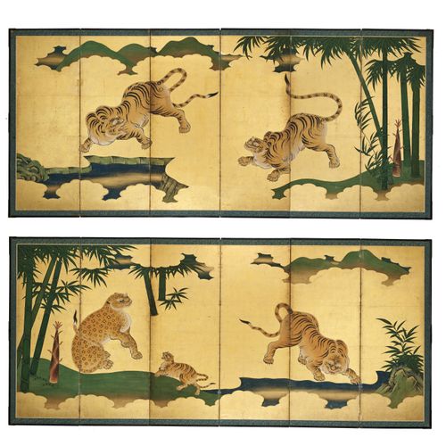 AN IMPRESSIVE AND VERY RARE PAIR OF SIX PANEL BYOBU SCREENS DEPICTING A LEOPARD &hellip;