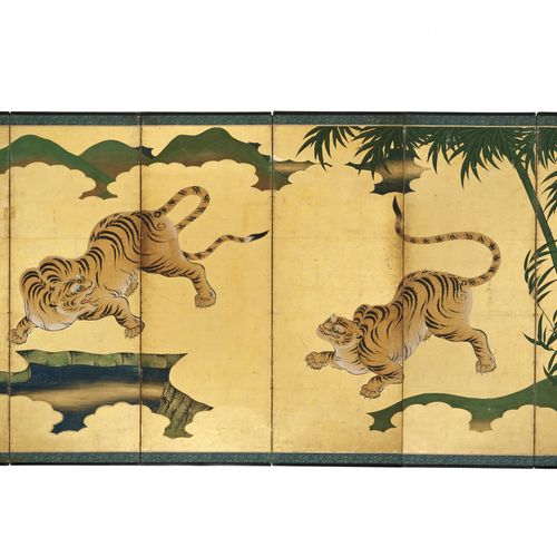 AN IMPRESSIVE AND VERY RARE PAIR OF SIX PANEL BYOBU SCREENS DEPICTING A LEOPARD &hellip;