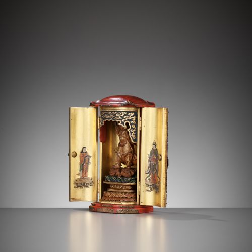 A FINE GOLD AND RED LACQUER ZUSHI (PORTABLE SHRINE) DEPICTING BISHAMONTEN FINE G&hellip;