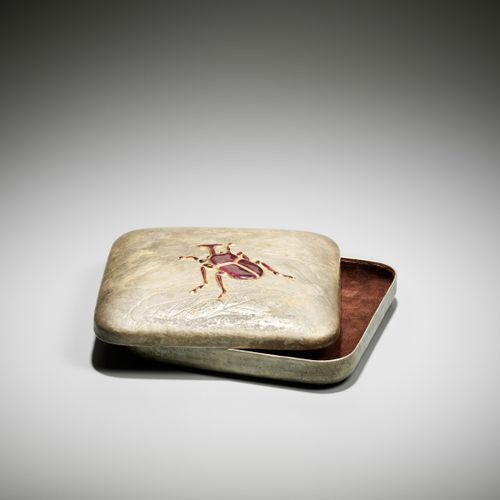 SANO HIROSHI: A CERAMIC-INLAID SILVERED-METAL BOX AND COVER WITH A STAG BEETLE S&hellip;