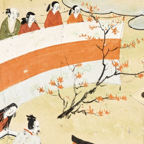 A SMALL JAPANESE PAINTING 一幅小型的日本绘画
日本，19世纪

一幅小而迷人的方形绘画，描绘了一个宫廷场景。在书页上印有书法。

尺寸&hellip;