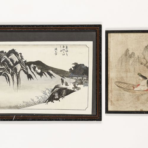 A GROUP OF TWO PAINTINGS AND ONE WOODBLOCK PRINT 两幅画和一幅木刻版画组
日本，19-20世纪

每幅都有框架，&hellip;