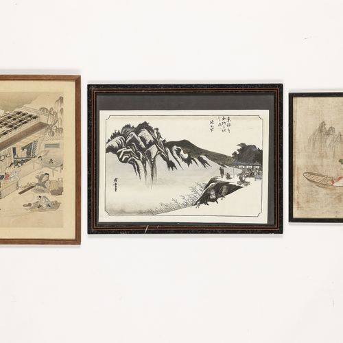 A GROUP OF TWO PAINTINGS AND ONE WOODBLOCK PRINT 两幅画和一幅木刻版画组
日本，19-20世纪

每幅都有框架，&hellip;