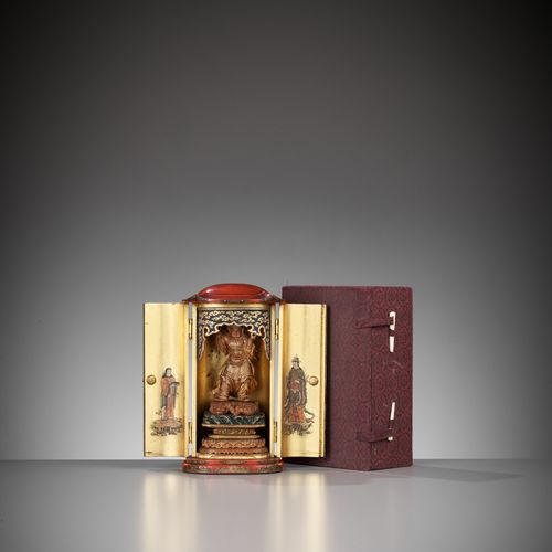 A FINE GOLD AND RED LACQUER ZUSHI (PORTABLE SHRINE) DEPICTING BISHAMONTEN A FINE&hellip;