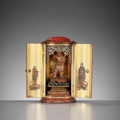 A FINE GOLD AND RED LACQUER ZUSHI (PORTABLE SHRINE) DEPICTING BISHAMONTEN FINE G&hellip;