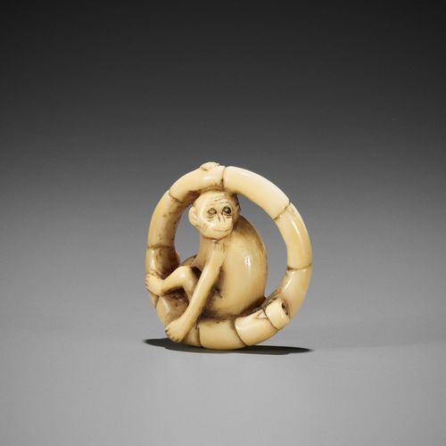 ? A MARINE IVORY NETSUKE OF A MONKEY SITTING IN A COILED BAMBOO NODE Ɏ RETICOLO &hellip;