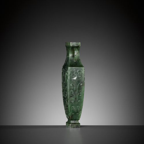 A SPINACH GREEN JADE MINIATURE 'ARCHAISTIC' VASE, 18TH-19TH CENTURY VASE "ARCHAI&hellip;