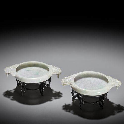 A PAIR OF RARE MUGHAL-STYLE JADEITE MARRIAGE BOWLS, LATE QING DYNASTY A PAIR OF &hellip;