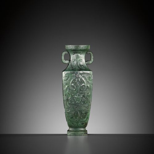 A SPINACH GREEN JADE MINIATURE 'ARCHAISTIC' VASE, 18TH-19TH CENTURY A SPINACH GR&hellip;