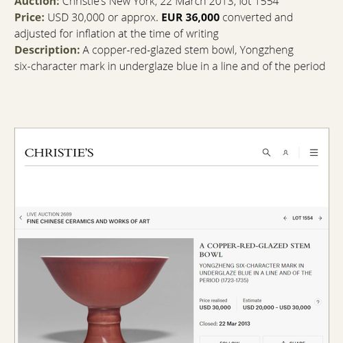 A COPPER-RED GLAZED TAZZA, YONGZHENG MARK AND PERIOD EINE KUPFERROTE GLASIERTE T&hellip;