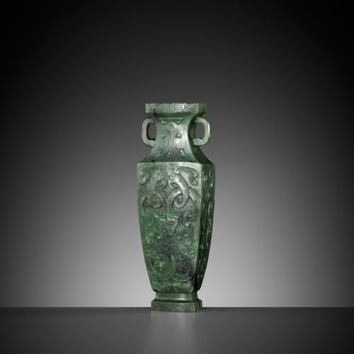 A SPINACH GREEN JADE MINIATURE 'ARCHAISTIC' VASE, 18TH-19TH CENTURY A SPINACH GR&hellip;