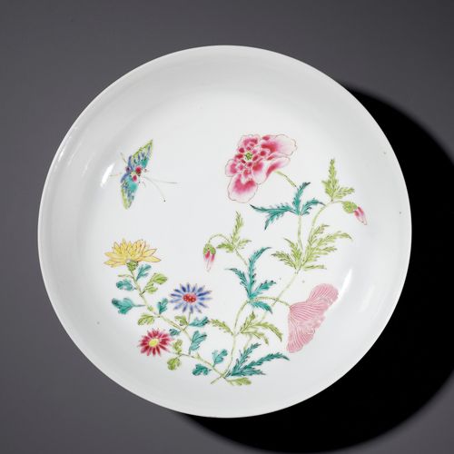 A FAMILLE ROSE 'BUTTERFLY AND FLOWERS' SAUCER DISH, YONGZHENG MARK AND PERIOD BA&hellip;