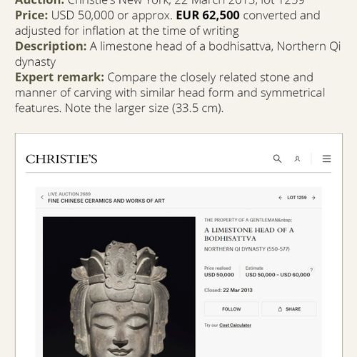 AN EXCEPTIONAL LIMESTONE HEAD OF BUDDHA, NORTHERN QI DYNASTY 一个杰出的石灰石佛像，北齐时期
中国，&hellip;