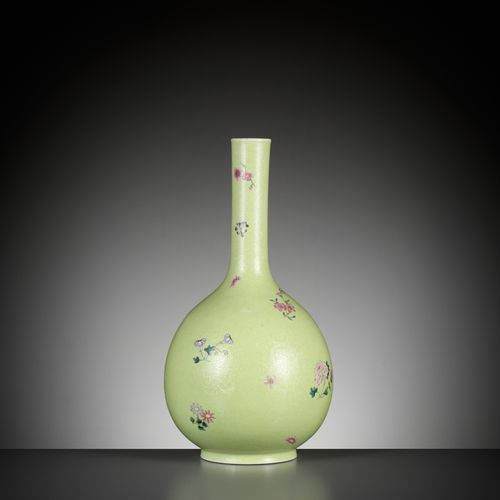 A MAGNIFICENT FAMILLE ROSE SGRAFFIATO LIME-GREEN BOTTLE VASE, QIANLONG MARK AND &hellip;