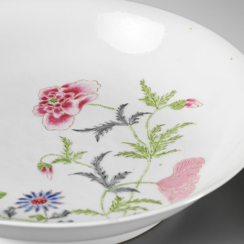 A FAMILLE ROSE 'BUTTERFLY AND FLOWERS' SAUCER DISH, YONGZHENG MARK AND PERIOD BA&hellip;