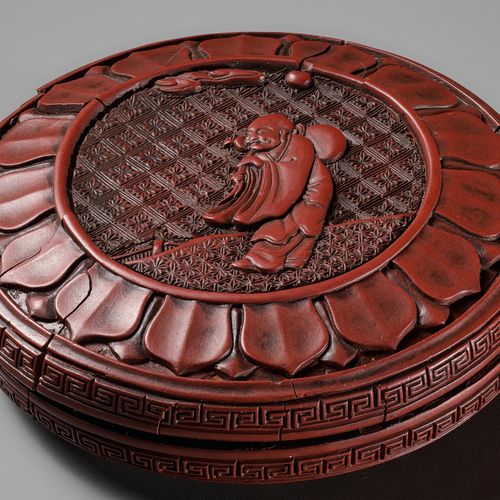 A CINNABAR LACQUER 'LUOHAN' BOX AND COVER, YUAN TO EARLY MING DYNASTY KINNABAR-L&hellip;