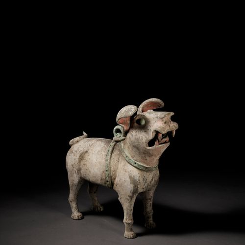 A MASSIVE PAINTED POTTERY FIGURE OF A GUARDIAN DOG, LATE EASTERN HAN TO SIX DYNA&hellip;