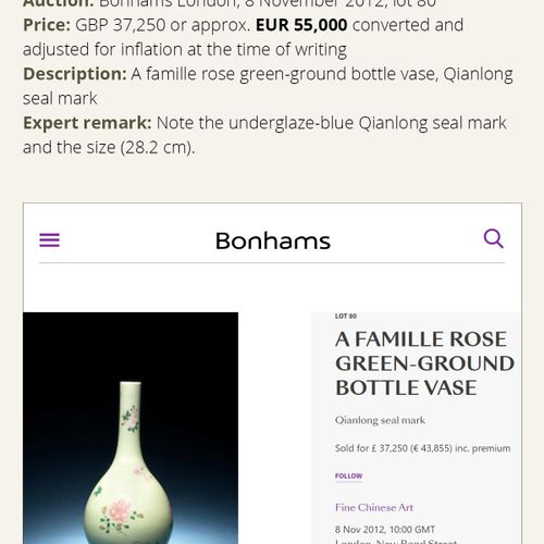 A MAGNIFICENT FAMILLE ROSE SGRAFFIATO LIME-GREEN BOTTLE VASE, QIANLONG MARK AND &hellip;