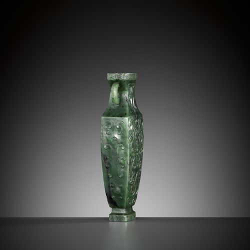 A SPINACH GREEN JADE MINIATURE 'ARCHAISTIC' VASE, 18TH-19TH CENTURY A SPINACH GR&hellip;