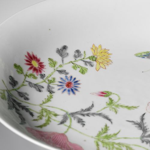 A FAMILLE ROSE 'BUTTERFLY AND FLOWERS' SAUCER DISH, YONGZHENG MARK AND PERIOD FA&hellip;