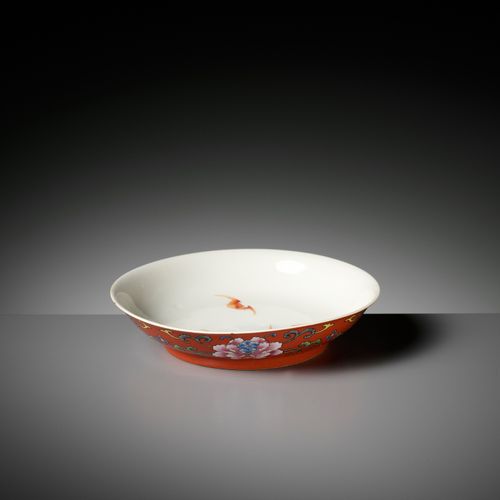 A FALANGCAI 'PEONIES AND WUFU' CORAL-GROUND DISH, QIANLONG MARK AND PERIOD A FAL&hellip;