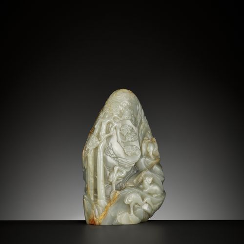 A CELADON AND RUSSET JADE 'DEER AND CRANE' BOULDER, 18TH CENTURY A CELADON AND R&hellip;