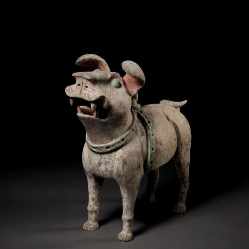 A MASSIVE PAINTED POTTERY FIGURE OF A GUARDIAN DOG, LATE EASTERN HAN TO SIX DYNA&hellip;