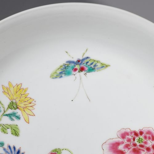 A FAMILLE ROSE 'BUTTERFLY AND FLOWERS' SAUCER DISH, YONGZHENG MARK AND PERIOD PL&hellip;