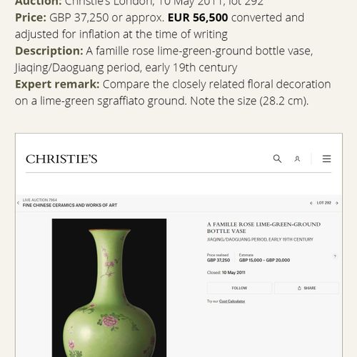 A MAGNIFICENT FAMILLE ROSE SGRAFFIATO LIME-GREEN BOTTLE VASE, QIANLONG MARK AND &hellip;