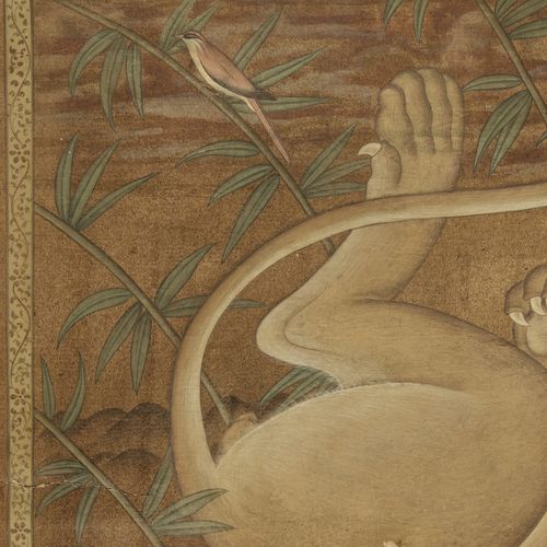LION AT REST', MUGHAL EMPIRE 狮子在休息》，莫卧儿帝国
1526-1857。纸上水彩画。休息的狮子躺在岩石景观中的竹林里，在黑暗的飘&hellip;