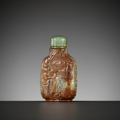 A CARVED CELADON AND RUSSET JADE SNUFF BOTTLE, MASTER OF THE ROCKS SCHOOL, 1740-&hellip;