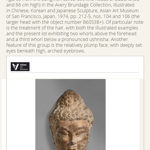 A MARBLE HEAD OF BUDDHA, TANG DYNASTY 唐代大理石菩萨头像
中国，618-907。全脸雕刻着精致的小特征，如轻轻拱起的眉毛下&hellip;